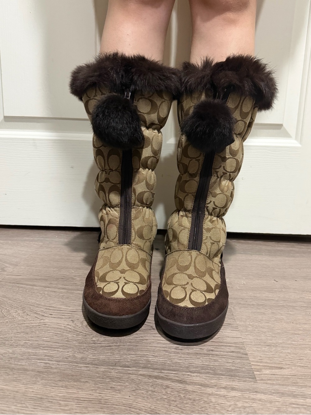 Coach Khaki & Dark Brown Logo Quilted Winter Boots with Fur Pom-Poms